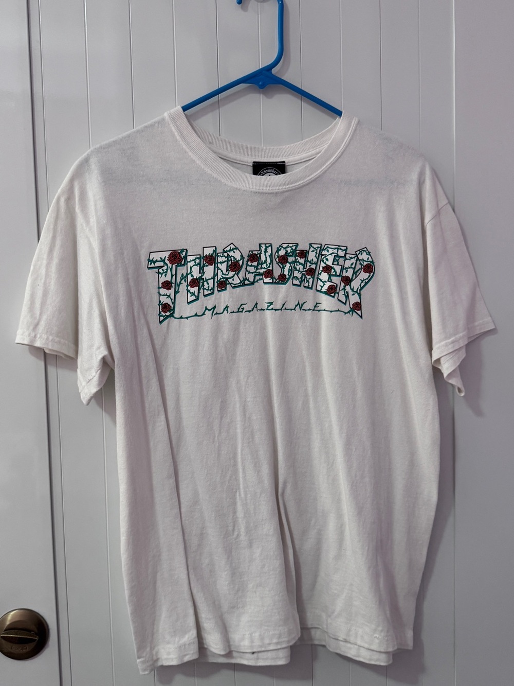 Thrasher White Tee with Green and Red Floral Logo